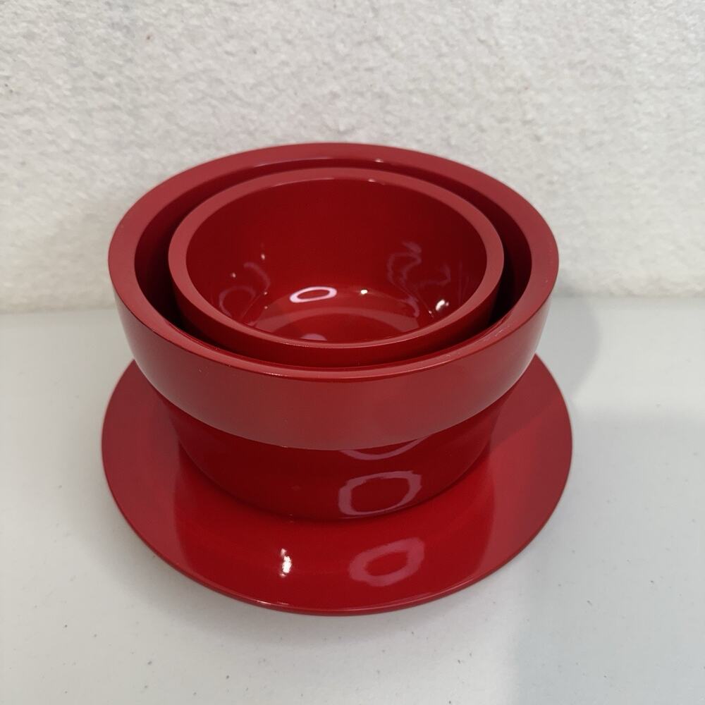 VTG Picnic Serving Set Glossy Cherry Red Nesting Bowls & Platter MCM Plasticware